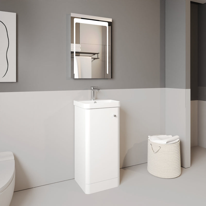 Nuie Core 400mm floor standing vanity unit in Gloss White - bathroom lifestyle setting