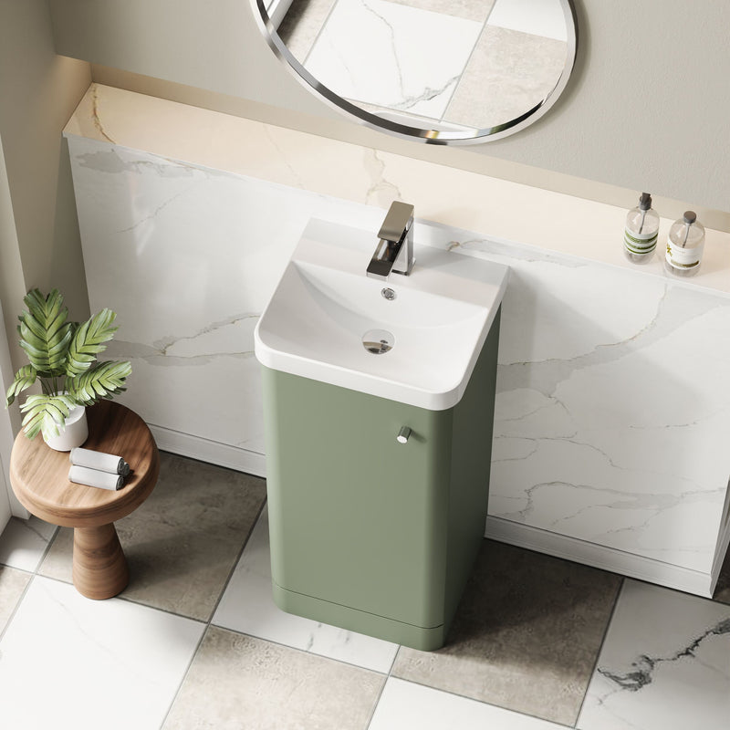 Nuie Core 400mm floor standing vanity unit in Satin Green - bathroom lifestyle setting