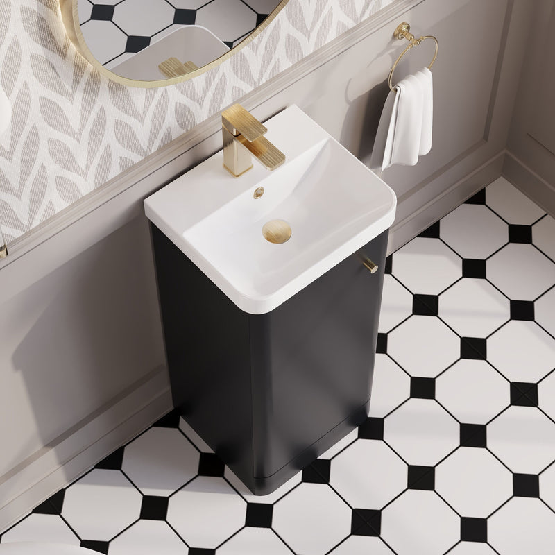Nuie Core 400mm floor standing vanity unit in Soft Black - bathroom lifestyle setting