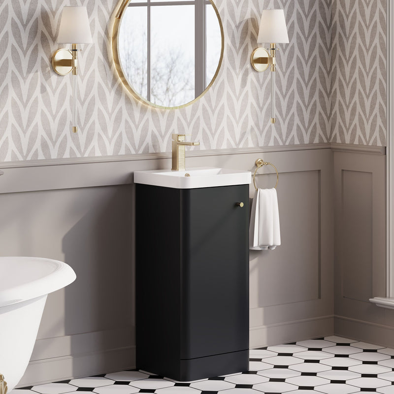 Nuie Core 400mm floor standing vanity unit in Soft Black - bathroom lifestyle setting