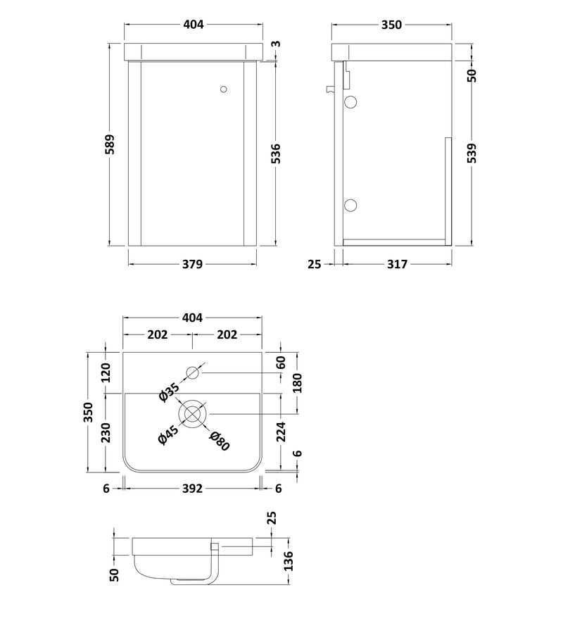 Nuie Core 400mm wall hung vanity unit in Soft Black - dimensioned line drawing