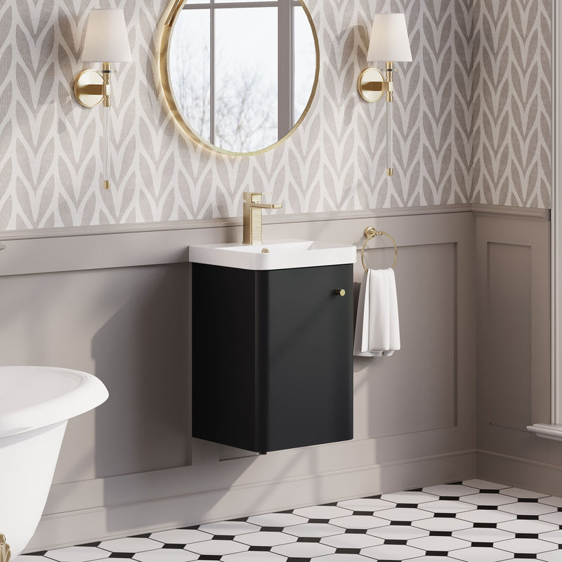 Nuie Core 400mm wall hung vanity unit in Soft Black - bathroom lifestyle setting