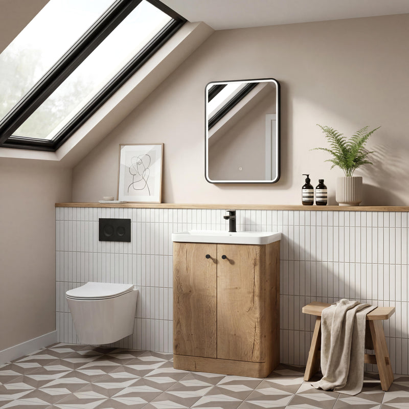 Nuie Core 500mm floor standing vanity unit in Autumn Oak - bathroom lifestyle setting