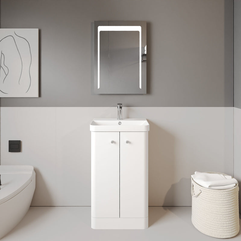 Nuie Core 500mm floor standing vanity unit in Gloss White - bathroom lifestyle setting