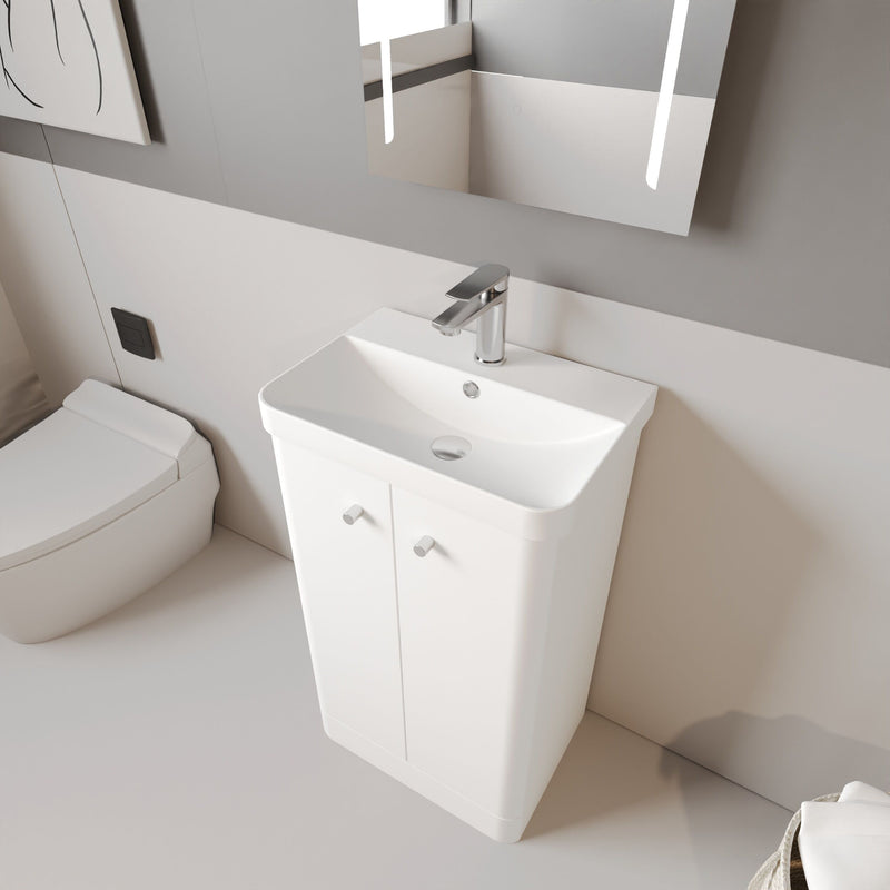 Nuie Core 500mm floor standing vanity unit in Gloss White - bathroom lifestyle setting