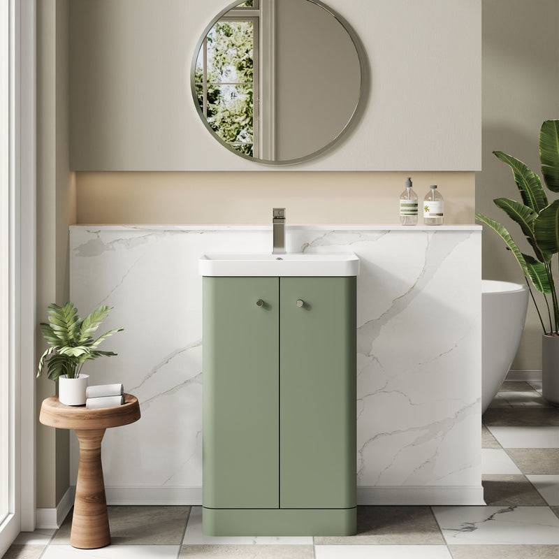 Nuie Core 500mm floor standing vanity unit in Satin Green - bathroom lifestyle setting