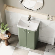 Nuie Core 500mm floor standing vanity unit in Satin Green - bathroom lifestyle setting