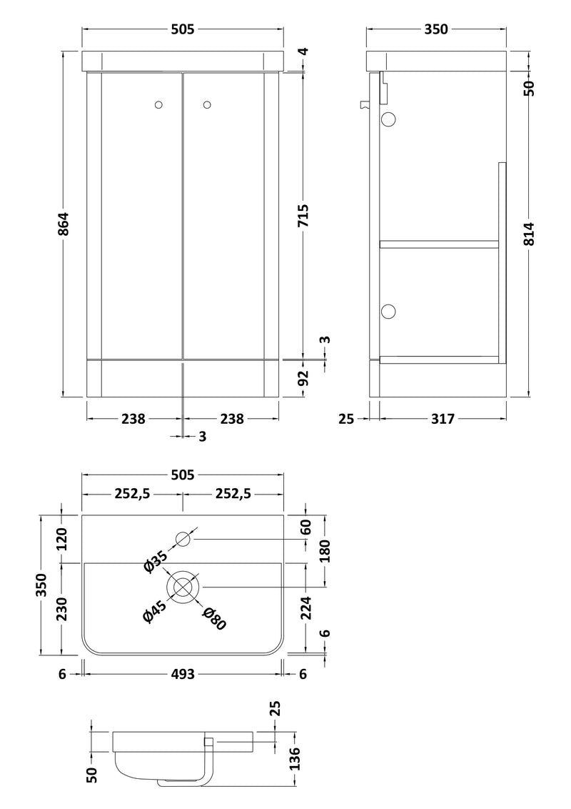 Nuie Core 500mm floor standing vanity unit in Soft Black - dimensioned line drawing
