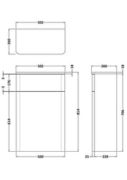 Nuie Core 500mm floor standing WC unit in Gloss White - dimensioned line drawing