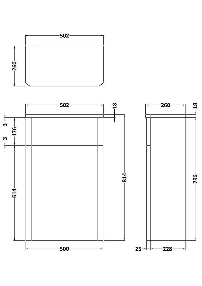 Nuie Core 500mm floor standing WC unit in Gloss White - dimensioned line drawing