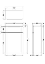 Nuie Core 500mm floor standing WC unit in Satin Green - dimensioned line drawing