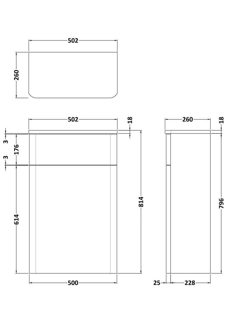 Nuie Core 500mm floor standing WC unit in Soft Black - dimensioned line drawing