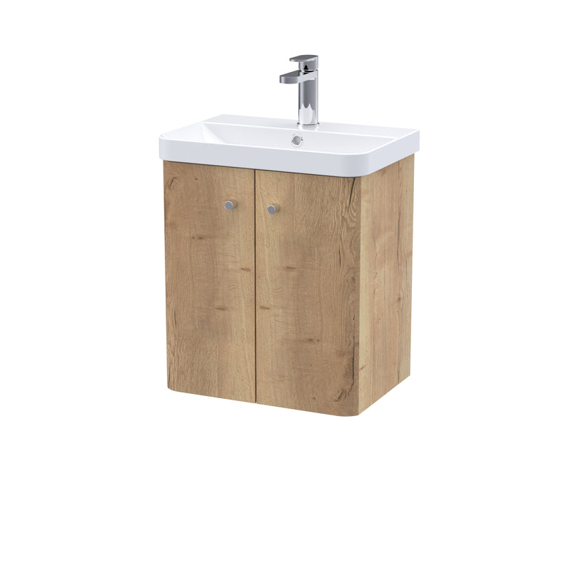 Nuie Core 500mm 2 door wall hung vanity unit with basin in Autumn Oak