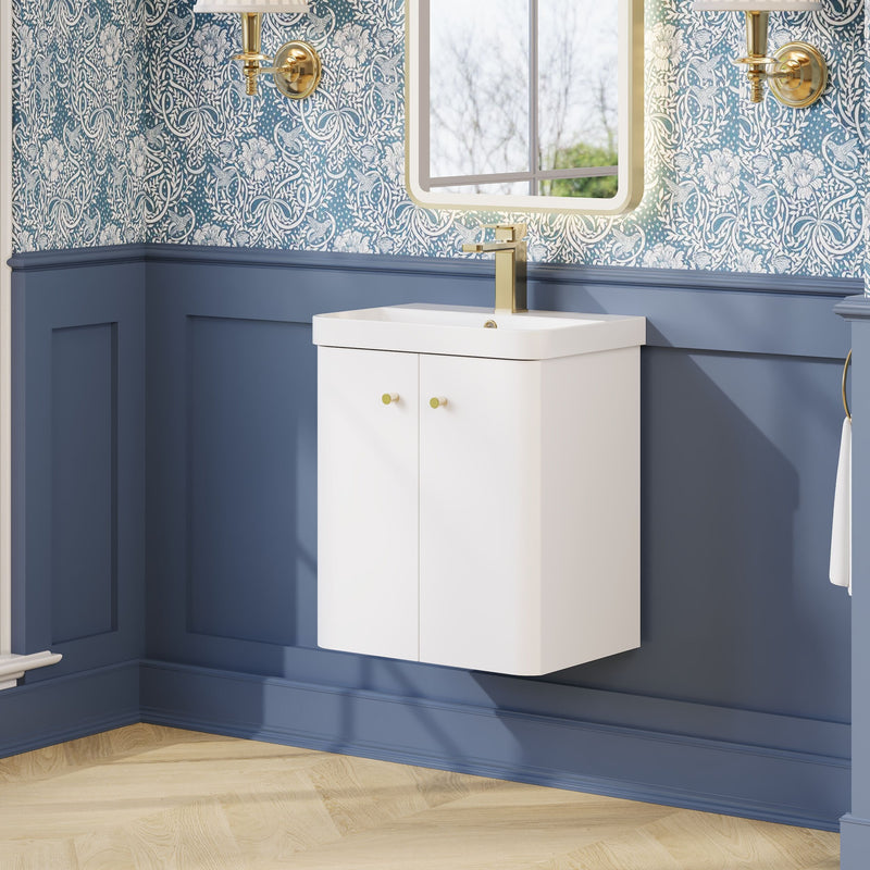 Nuie Core 500mm wall hung vanity unit in Gloss White - bathroom lifestyle setting