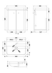 Nuie Core 500mm wall hung vanity unit in Satin Green - dimensioned line drawing