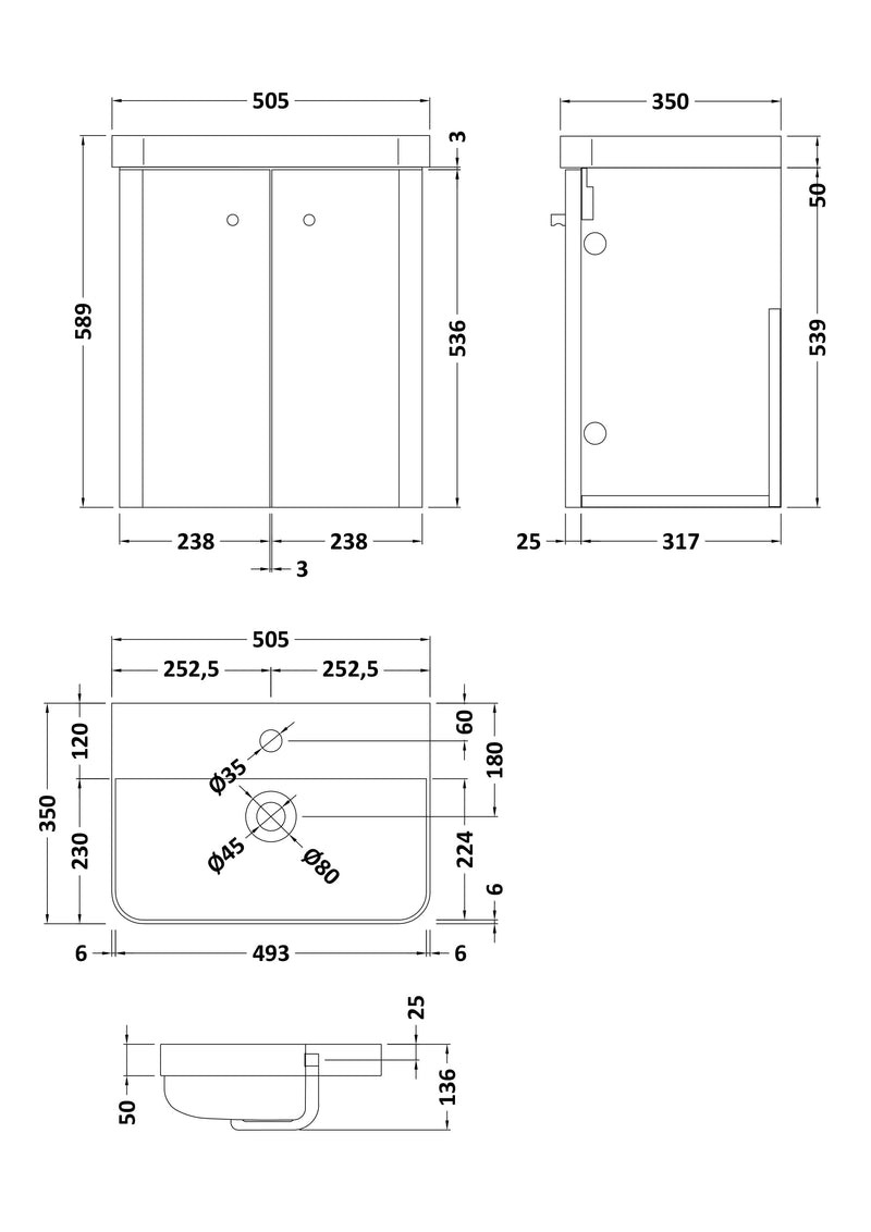 Nuie Core 500mm wall hung vanity unit in Satin Green - dimensioned line drawing