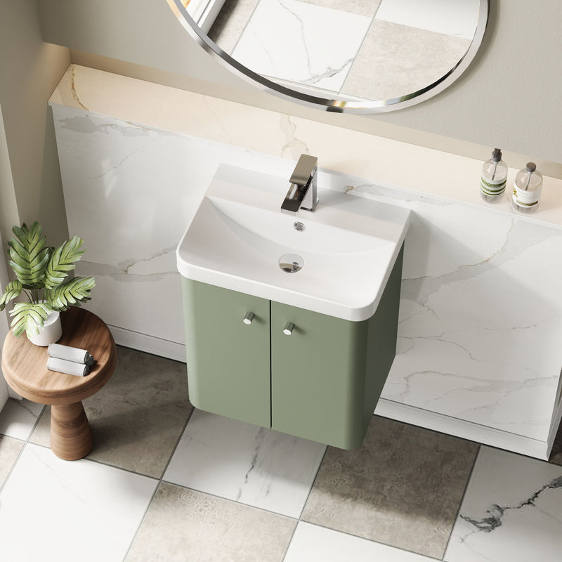 Nuie Core 500mm wall hung vanity unit in Satin Green - bathroom lifestyle setting