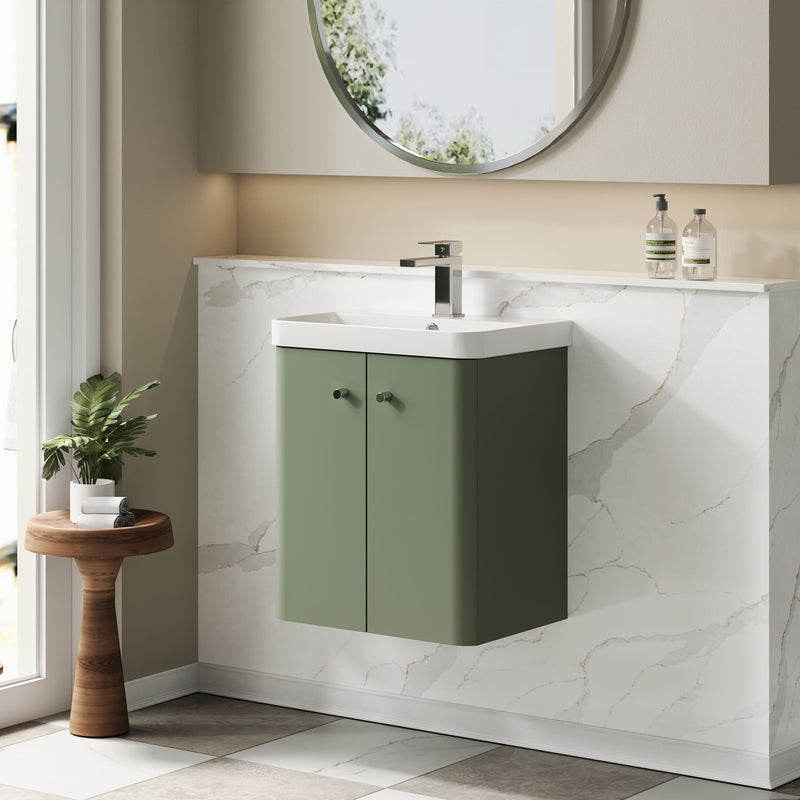 Nuie Core 500mm wall hung vanity unit in Satin Green - bathroom lifestyle setting