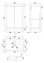 Nuie Core 600mm floor standing vanity unit in Gloss White - dimensioned line drawing