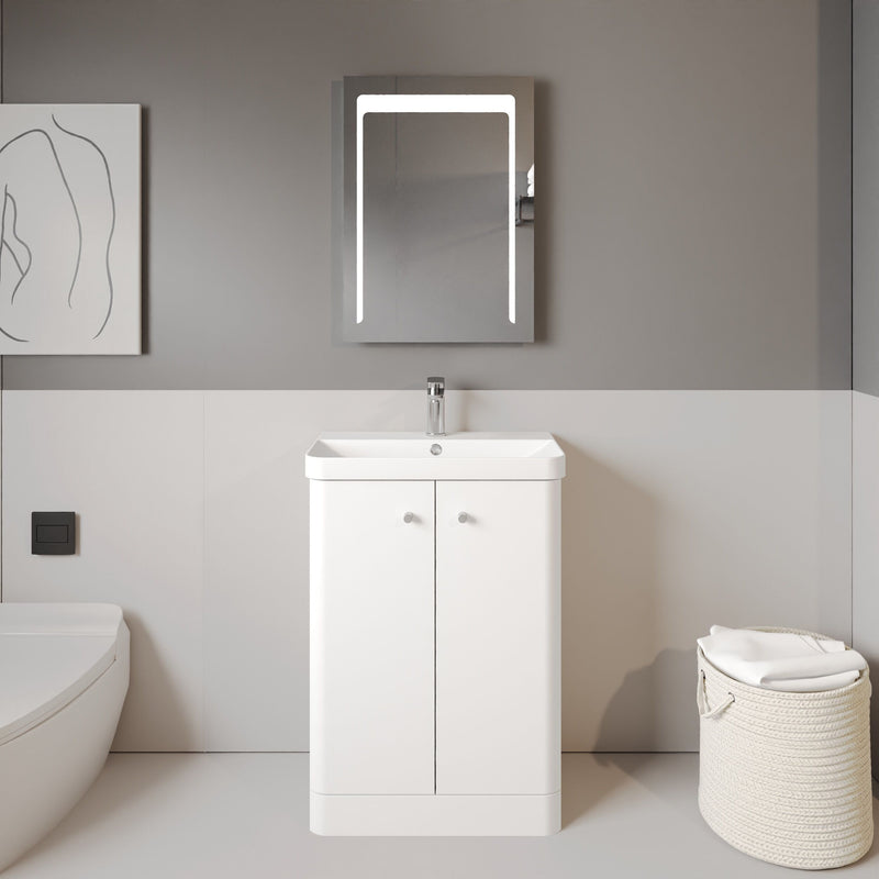 Nuie Core 600mm floor standing vanity unit in Gloss White - bathroom lifestyle setting