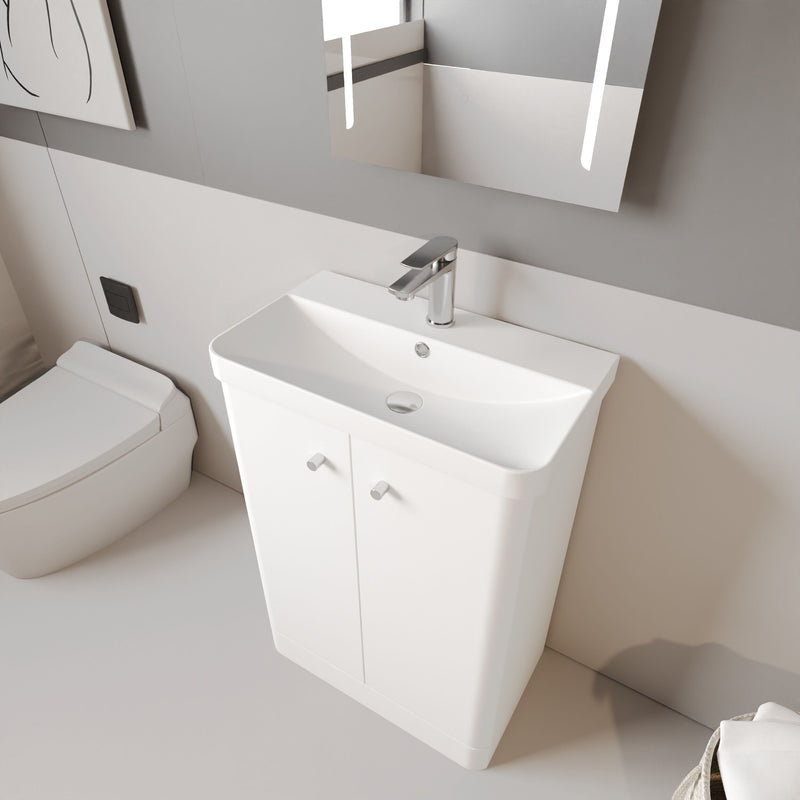 Nuie Core 600mm floor standing vanity unit in Gloss White - bathroom lifestyle setting