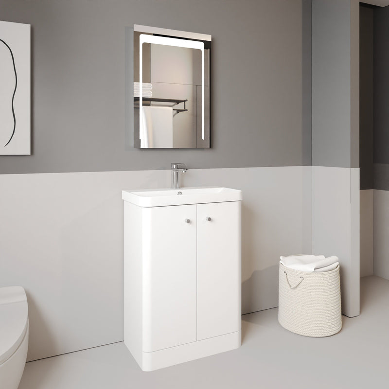 Nuie Core 600mm floor standing vanity unit in Gloss White - bathroom lifestyle setting