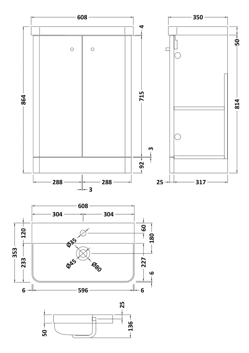 Nuie Core 600mm floor standing vanity unit in Soft Black - dimensioned line drawing