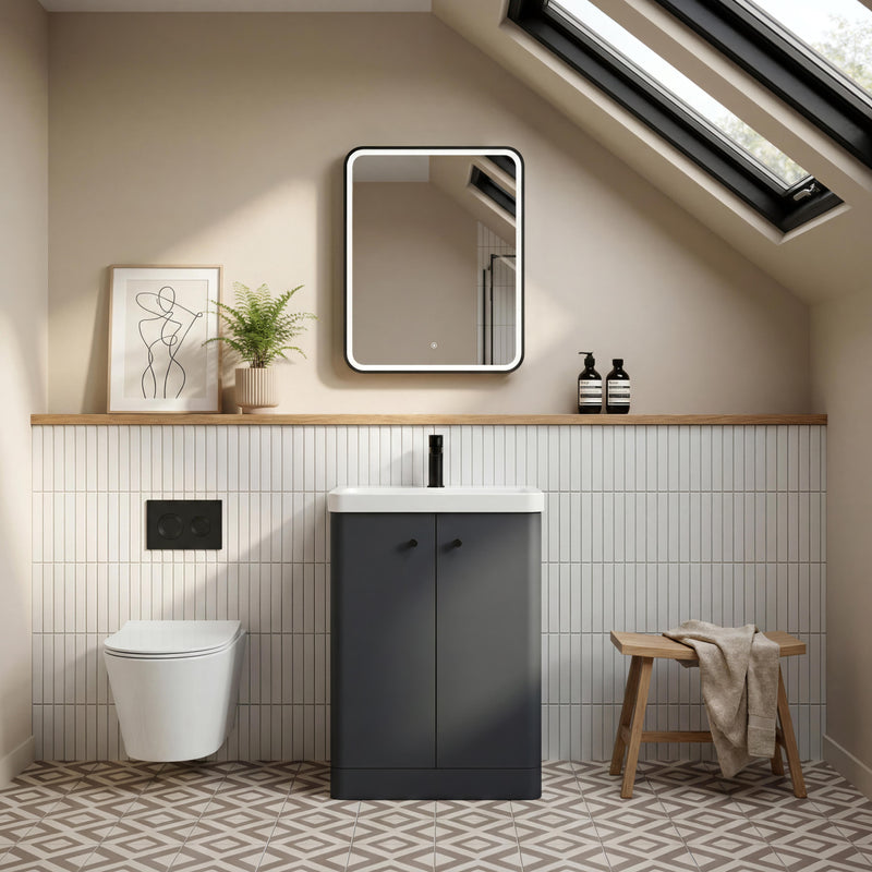Nuie Core 600mm floor standing vanity unit in Soft Black - bathroom lifestyle setting