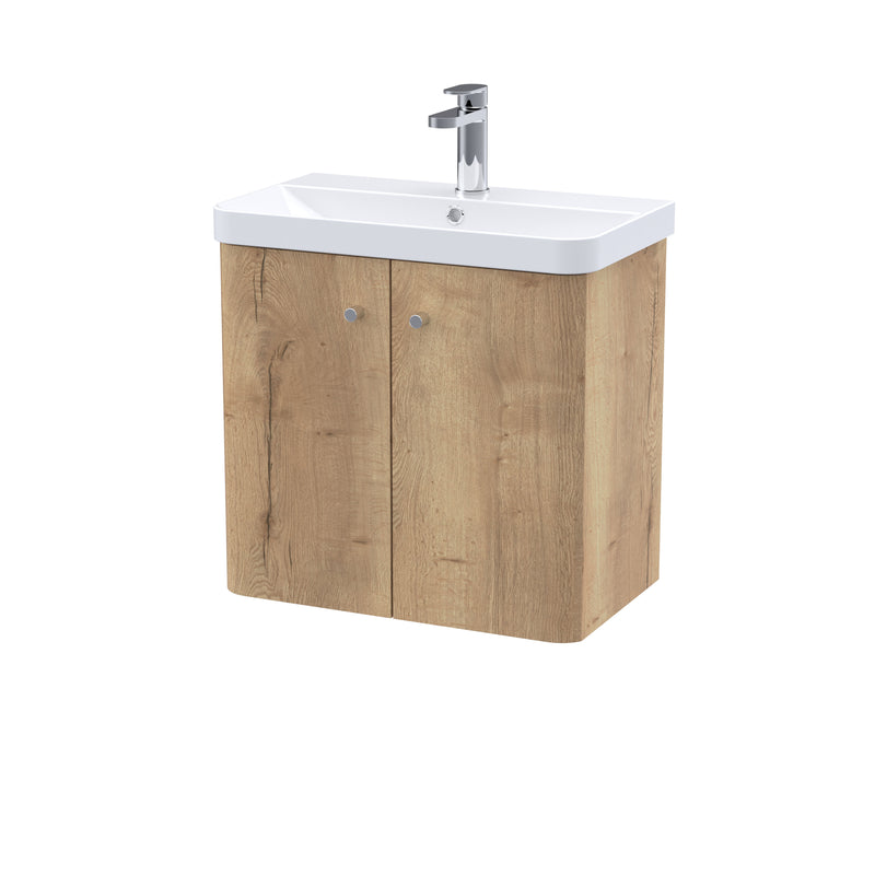 Nuie Core 600mm 2 door wall hung vanity unit with basin in Autumn Oak
