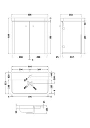Nuie Core 600mm wall hung vanity unit in Gloss White - dimensioned line drawing