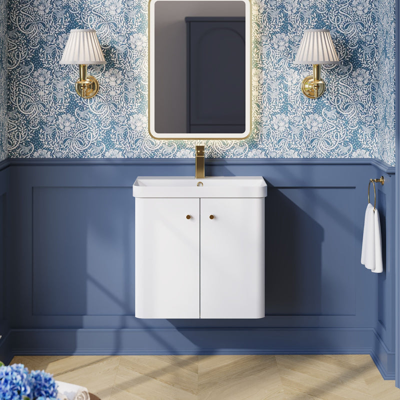 Nuie Core 600mm wall hung vanity unit in Gloss White - bathroom lifestyle setting
