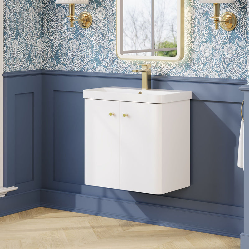 Nuie Core 600mm wall hung vanity unit in Gloss White - bathroom lifestyle setting
