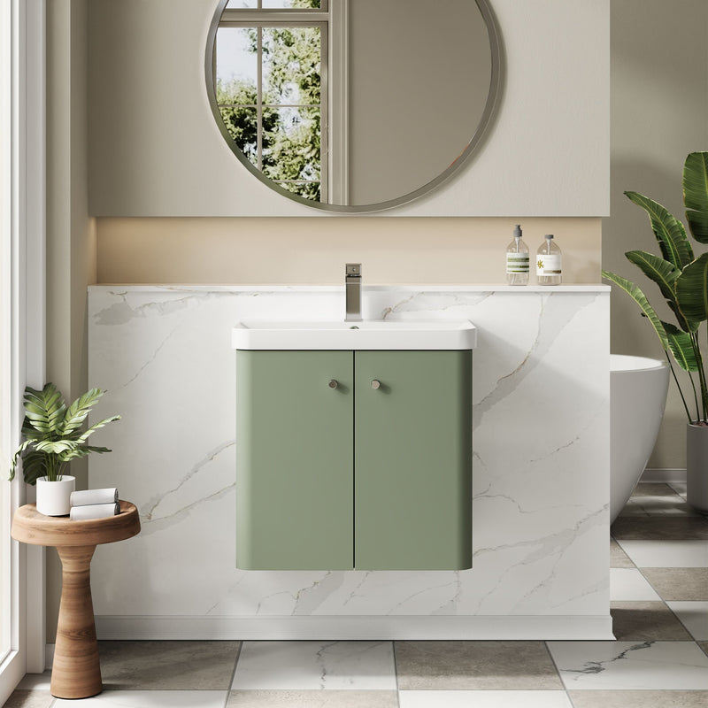 Nuie Core 600mm wall hung vanity unit in Satin Green - bathroom lifestyle setting