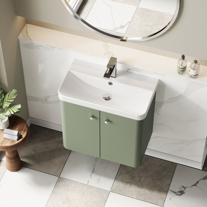 Nuie Core 600mm wall hung vanity unit in Satin Green - bathroom lifestyle setting