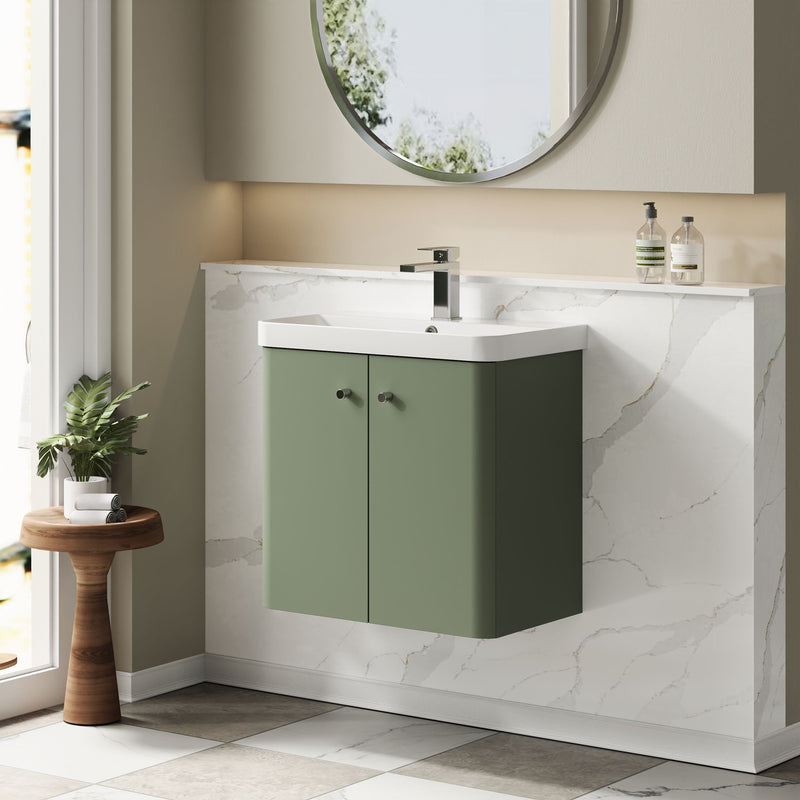 Nuie Core 600mm wall hung vanity unit in Satin Green - bathroom lifestyle setting