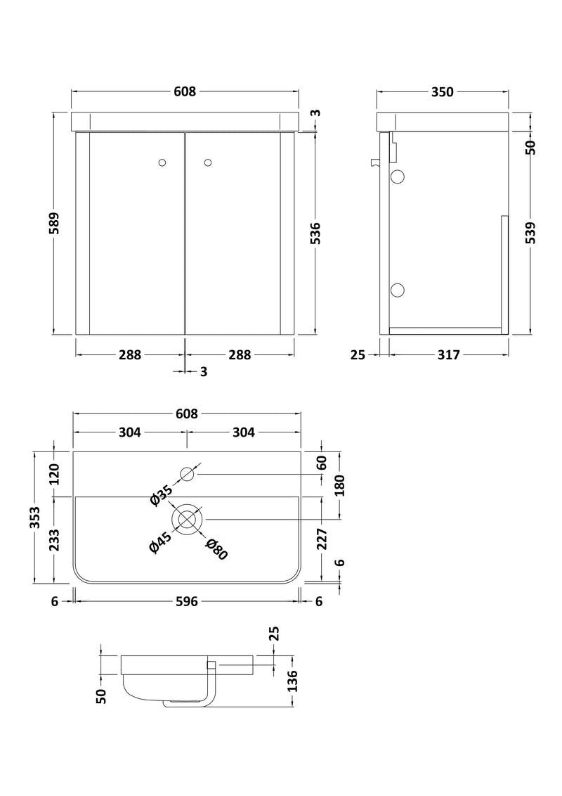 Nuie Core 600mm wall hung vanity unit in Soft Black - dimensioned line drawing