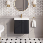 Nuie Core 600mm wall hung vanity unit in Soft Black - bathroom lifestyle setting