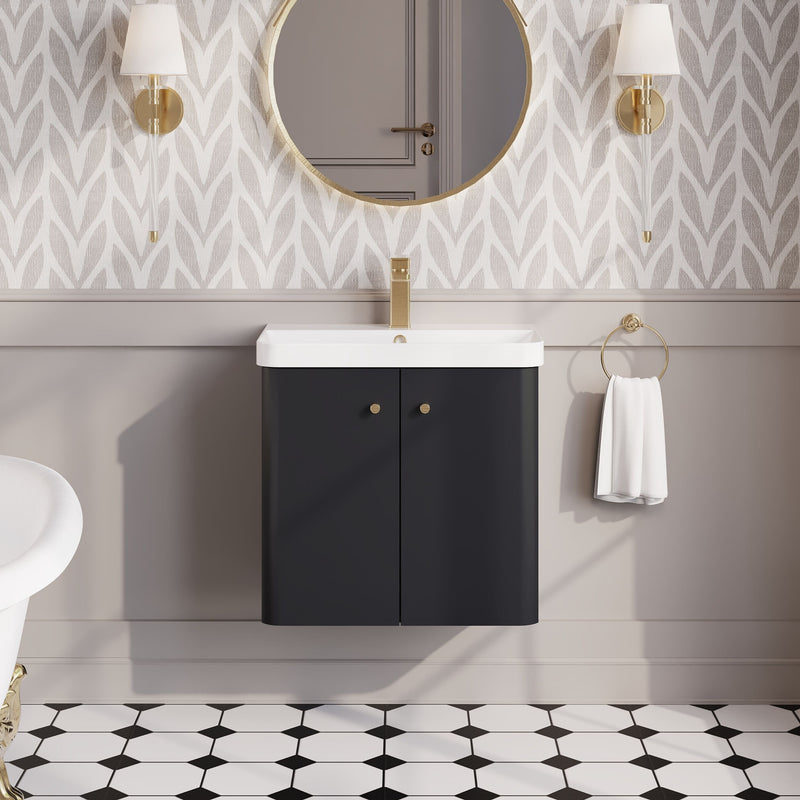 Nuie Core 600mm wall hung vanity unit in Soft Black - bathroom lifestyle setting