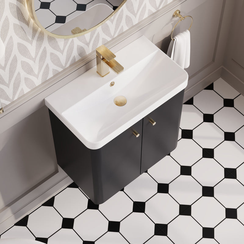 Nuie Core 600mm wall hung vanity unit in Soft Black - bathroom lifestyle setting