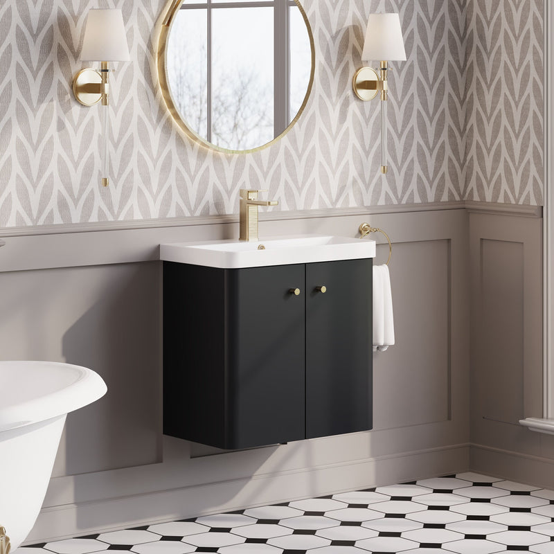 Nuie Core 600mm wall hung vanity unit in Soft Black - bathroom lifestyle setting