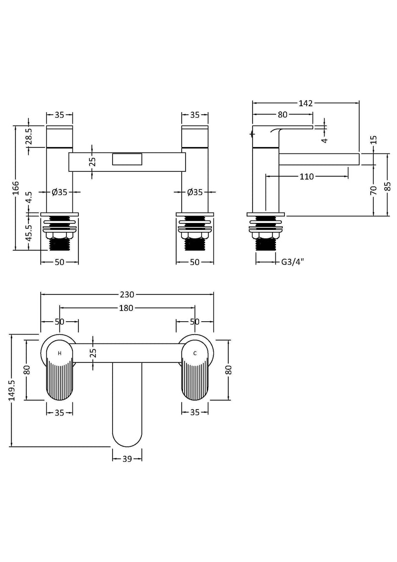 Nuie Cyprus deck mounted bath filler dimensioned technical drawing (BIN803F)