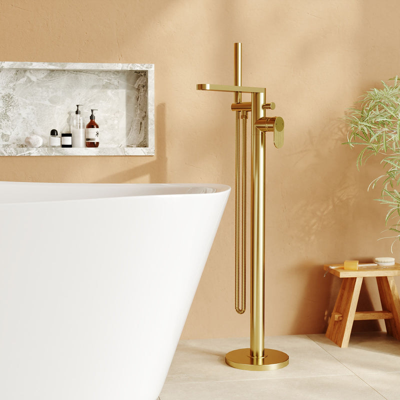Nuie Cyprus freestanding bath shower mixer in brushed brass lifestyle bathroom setting (BIN821F)