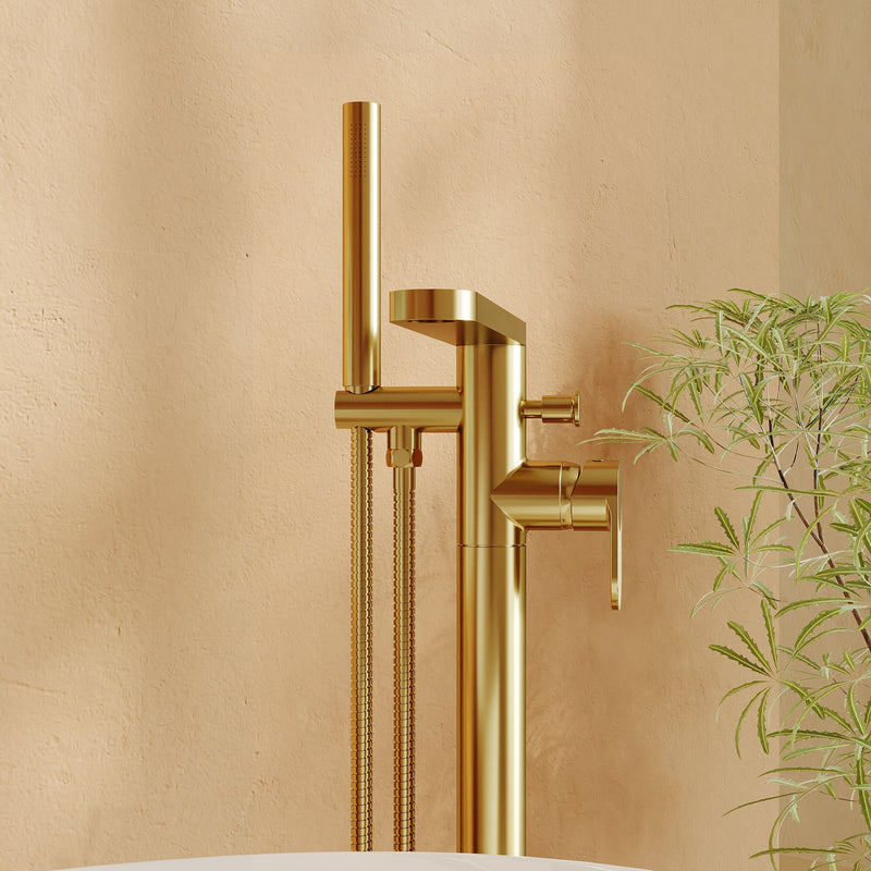 Nuie Cyprus freestanding bath shower mixer in brushed brass lifestyle bathroom setting (BIN821F)