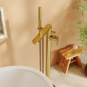 Nuie Cyprus freestanding bath shower mixer in brushed brass lifestyle bathroom setting (BIN821F)