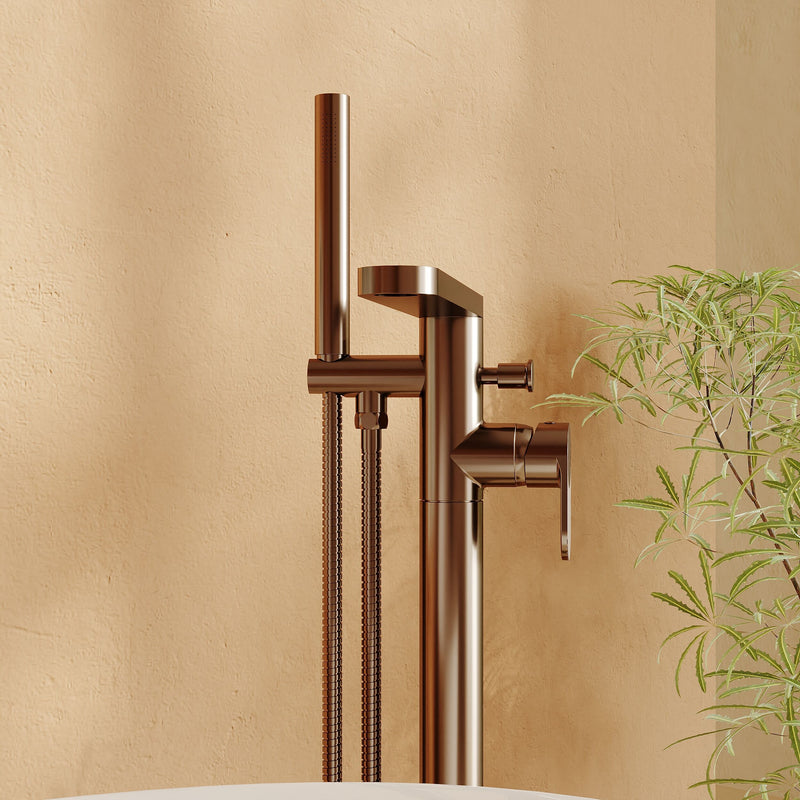 Nuie Cyprus freestanding bath shower mixer in brushed bronze lifestyle bathroom setting (BIN1521F)