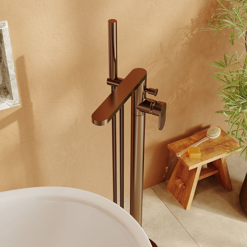 Nuie Cyprus freestanding bath shower mixer in brushed bronze lifestyle bathroom setting (BIN1521F)