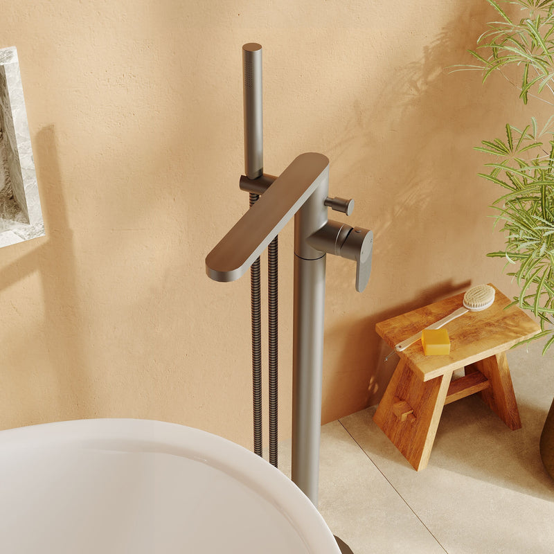 Nuie Cyprus freestanding bath shower mixer in brushed pewter lifestyle bathroom setting (BIN721F)