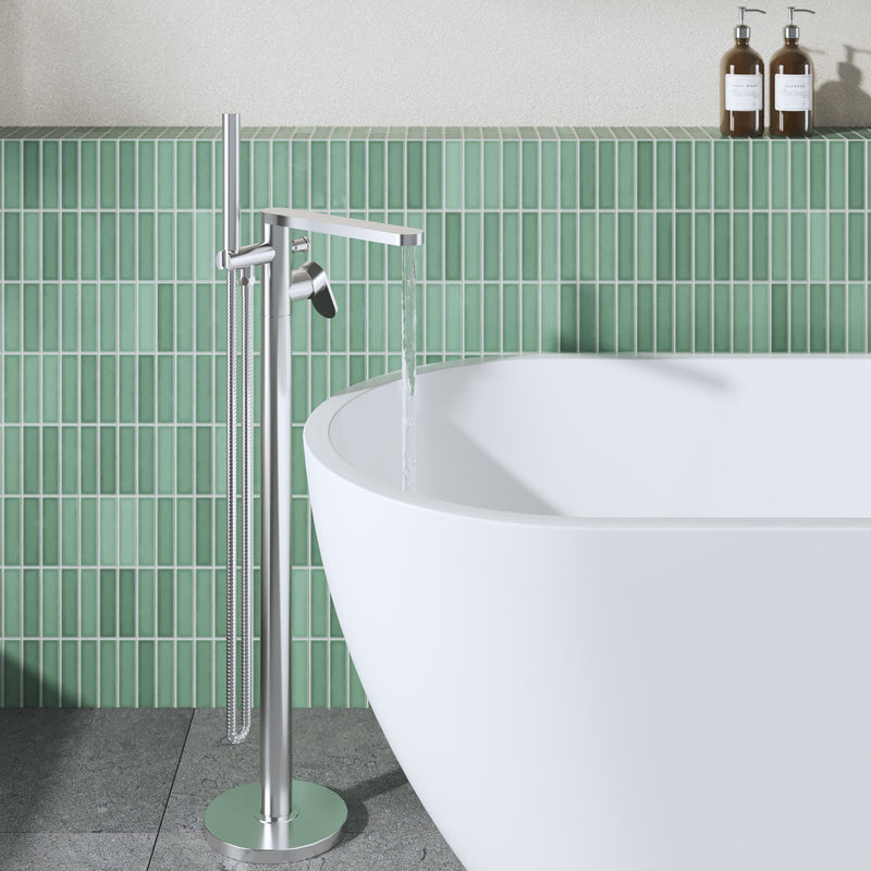 Nuie Cyprus freestanding bath shower mixer in chrome lifestyle bathroom setting (BIN321F)