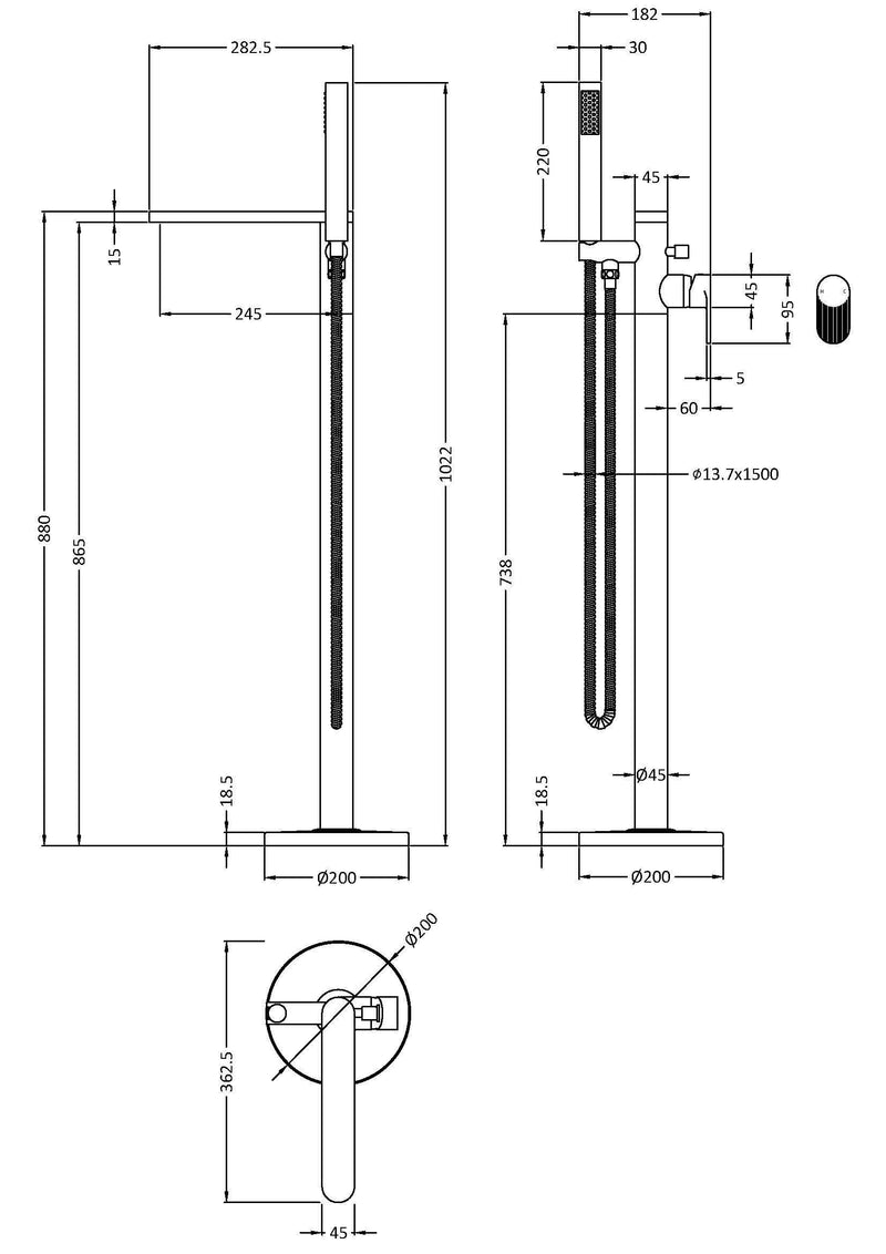 Nuie Cyprus freestanding bath shower mixer dimensioned technical drawing (BIN421F)