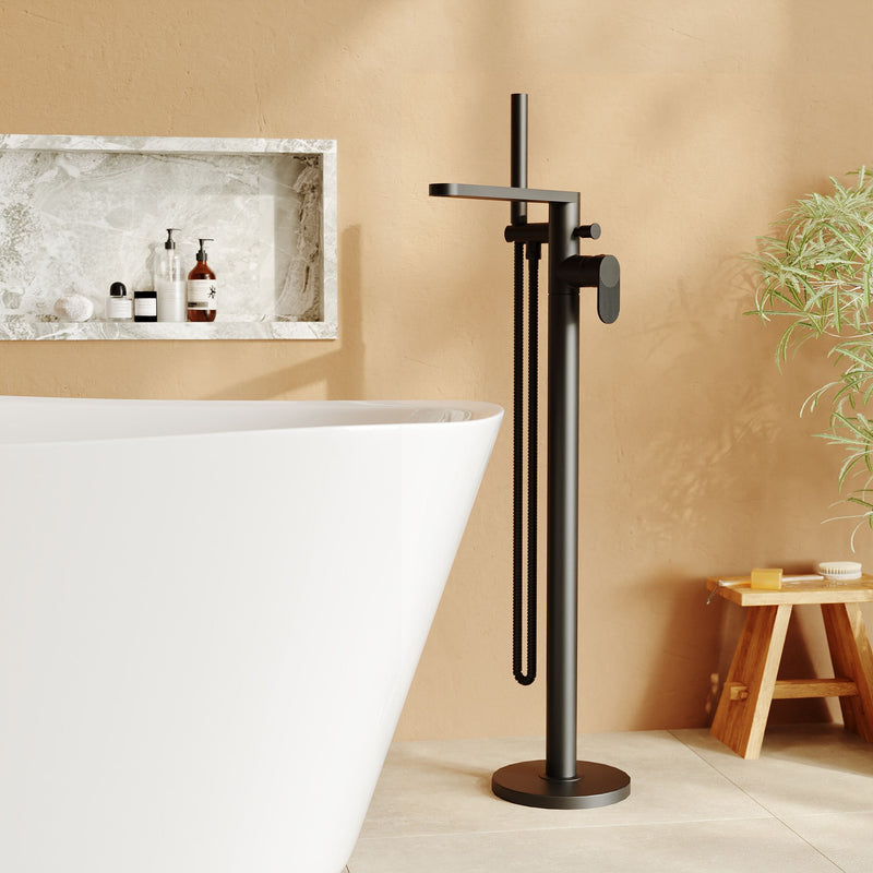 Nuie Cyprus freestanding bath shower mixer in matt black lifestyle bathroom setting (BIN421F)
